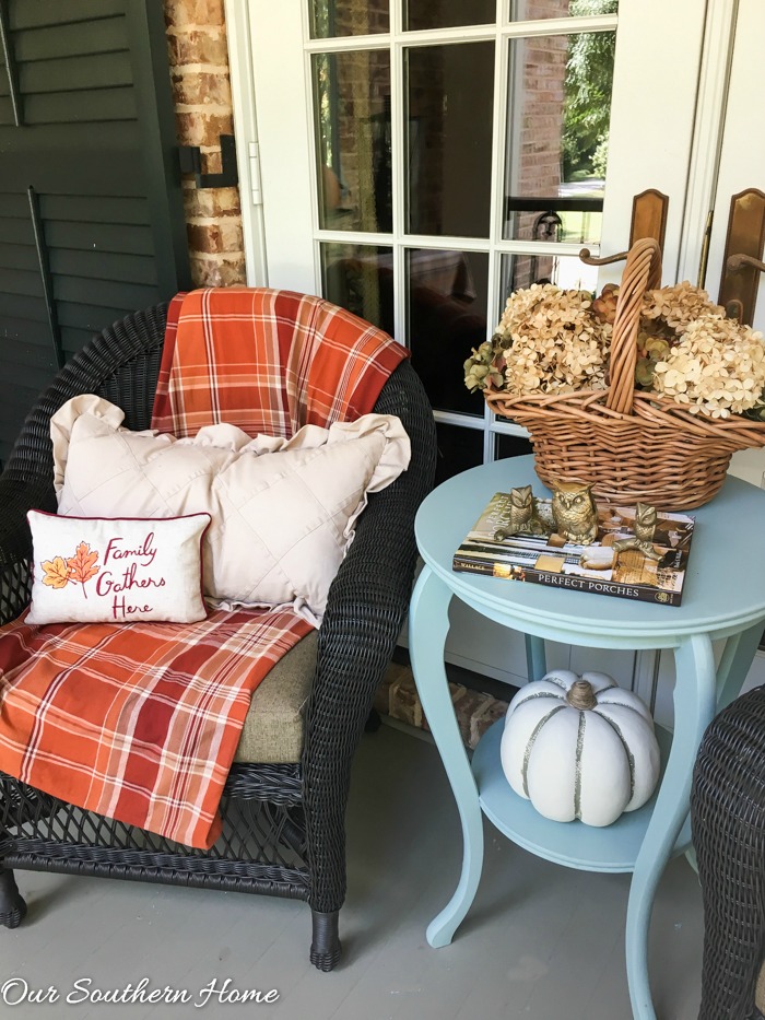 Fall home tour full of ideas for your porch and vignettes within you house via Our Southern Home #haintblue #byteblue