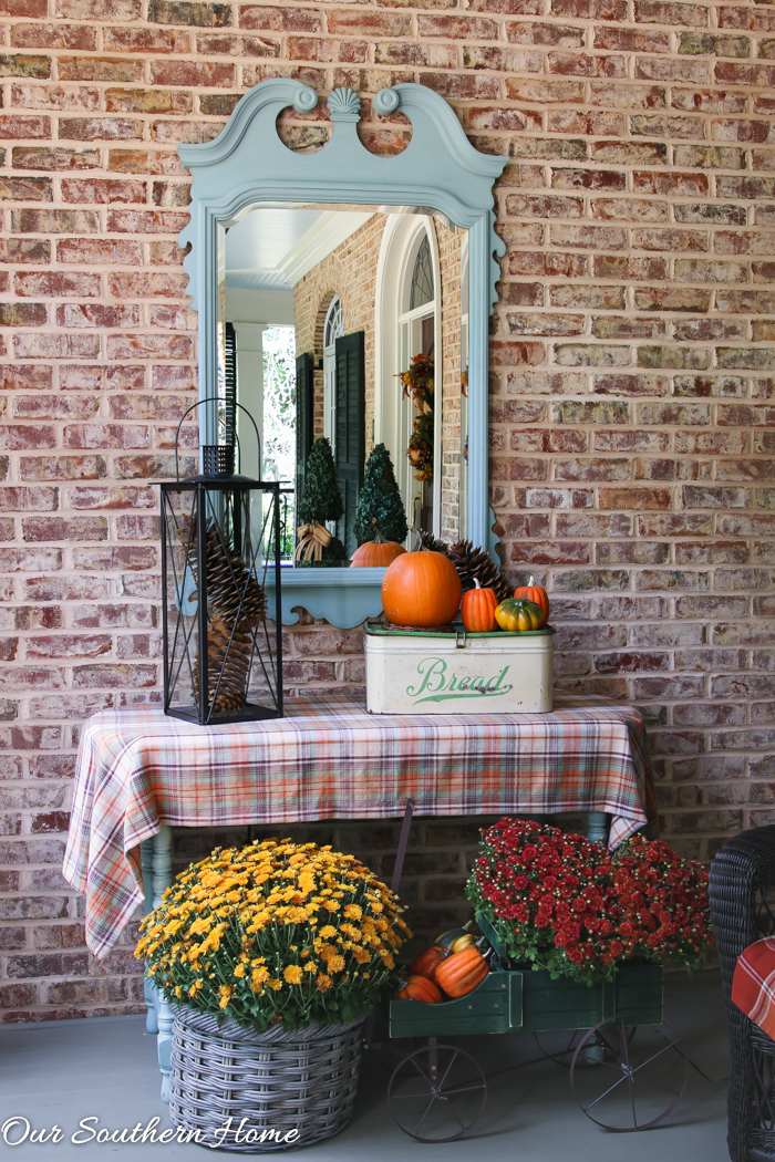 Fall home tour full of ideas for your porch and vignettes within you house via Our Southern Home #haintblue #byteblue