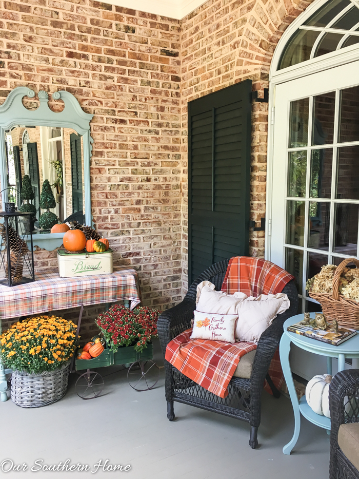 Fall home tour full of ideas for your porch and vignettes within you house via Our Southern Home #haintblue #byteblue