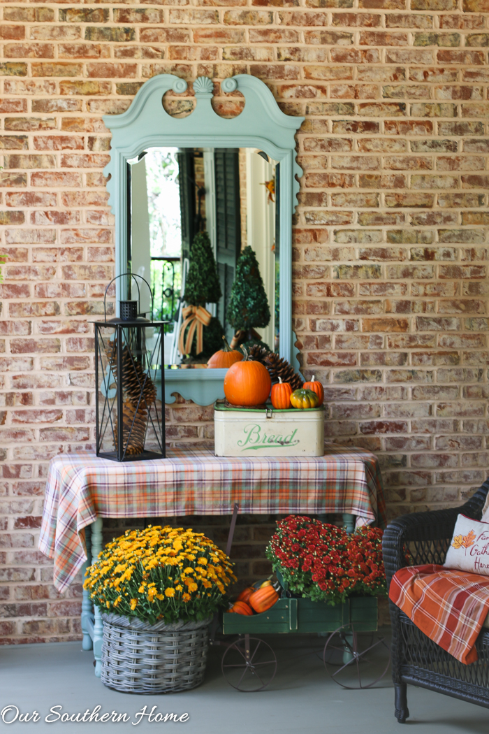 Fall home tour full of ideas for your porch and vignettes within you house via Our Southern Home #haintblue #byteblue