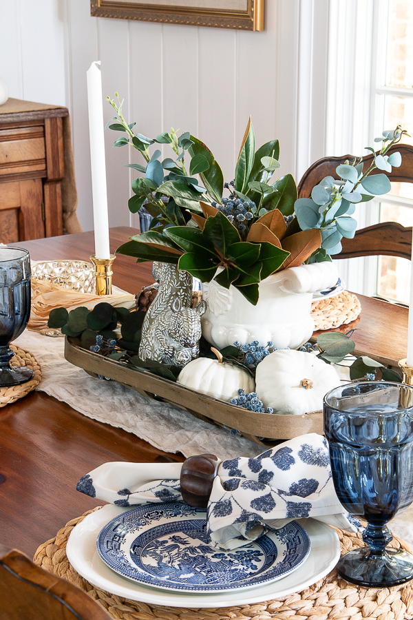 White and Blue Fall Decor in the Kitchen