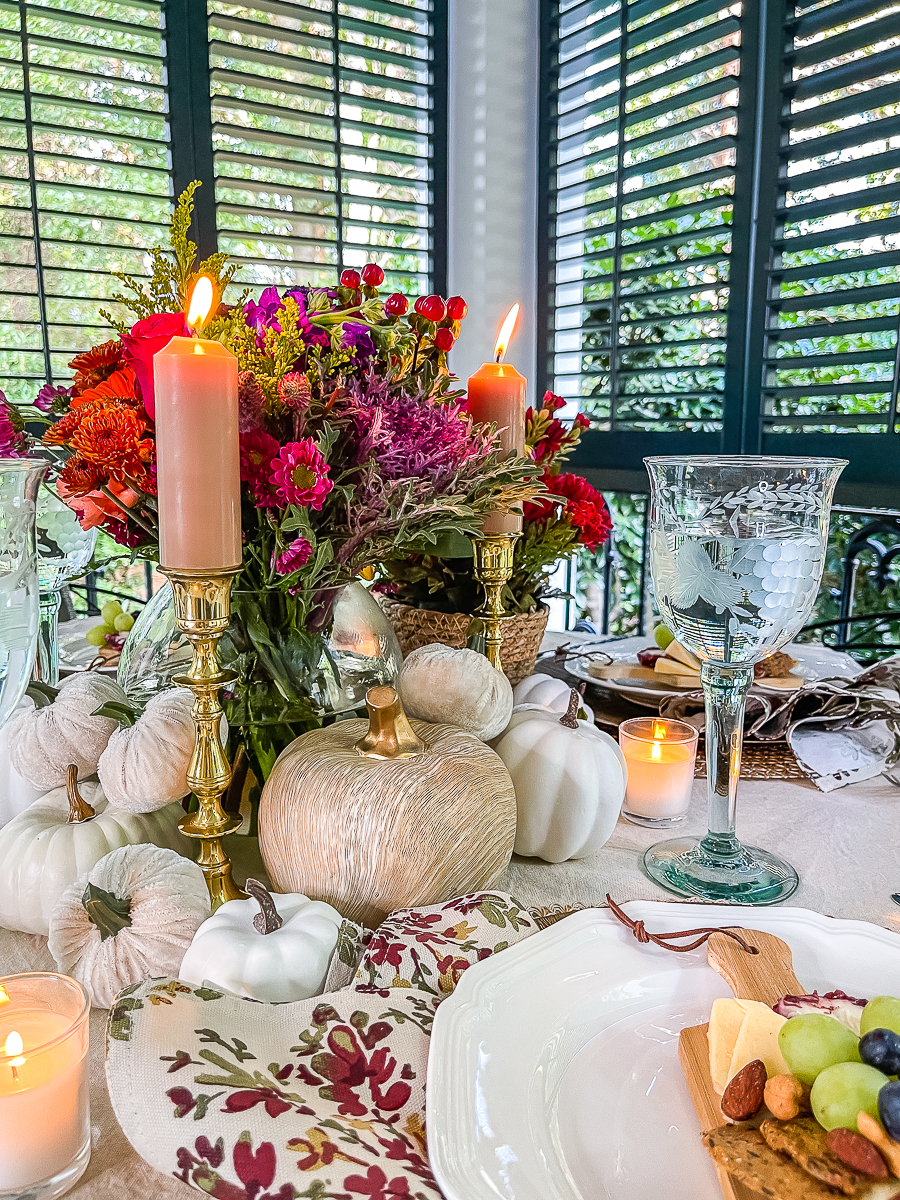 white pumpkins and flowers