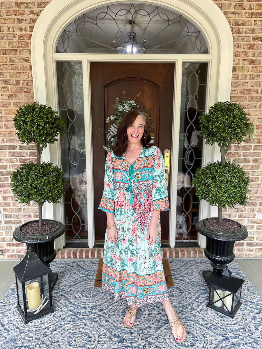 boho dress on the front porch