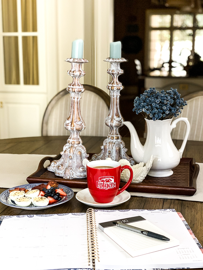 desk space with coffee