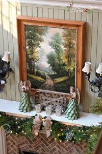 French Country Christmas mantel featuring large PEACE letters and gorgeous metal angels by Our Southern Home