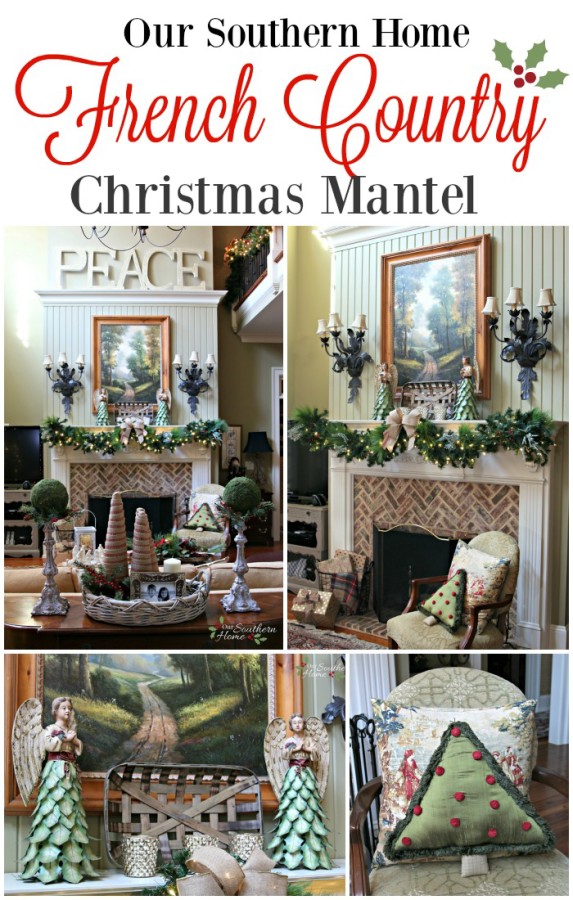 French Country Christmas mantel featuring large PEACE letters and gorgeous metal angels by Our Southern Home