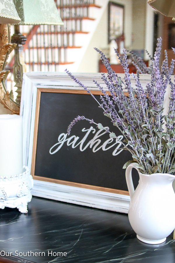 Join us each month for thrift store decor makeovers from 6 TOP bloggers. This month I'm sharing my GATHER chalkboard art makeover.