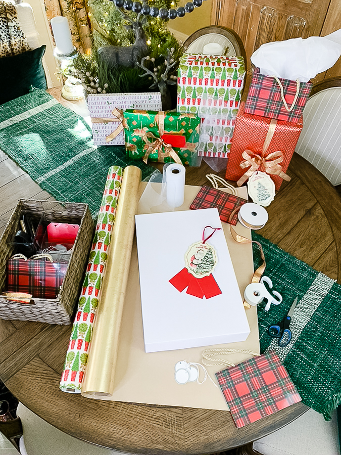 wrapping paper supplies on table