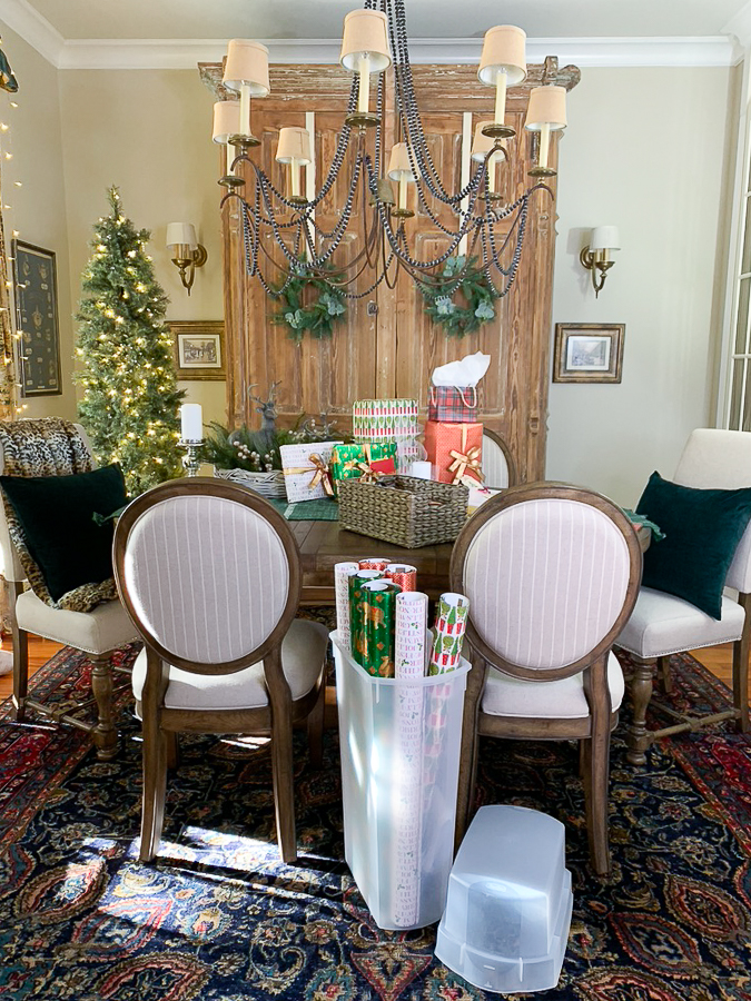 gift wrapping in the dining room