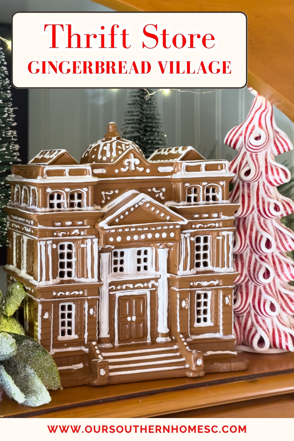 pin of gingerbread house with text overlay