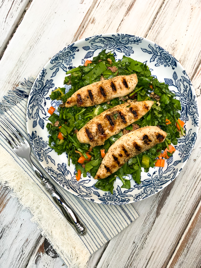 Being an Empty Nester means getting more active and maintaining my health by staying active and making good choices. This Lemon & Herb Grilled Chicken Salad is my got-to lunch. #ad #emptynest #lunch #salad #recipe