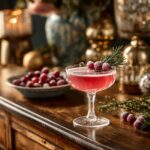 A festive Holiday French 75 cocktail garnished with cranberries and rosemary, served in a coupe glass for Christmas celebrations