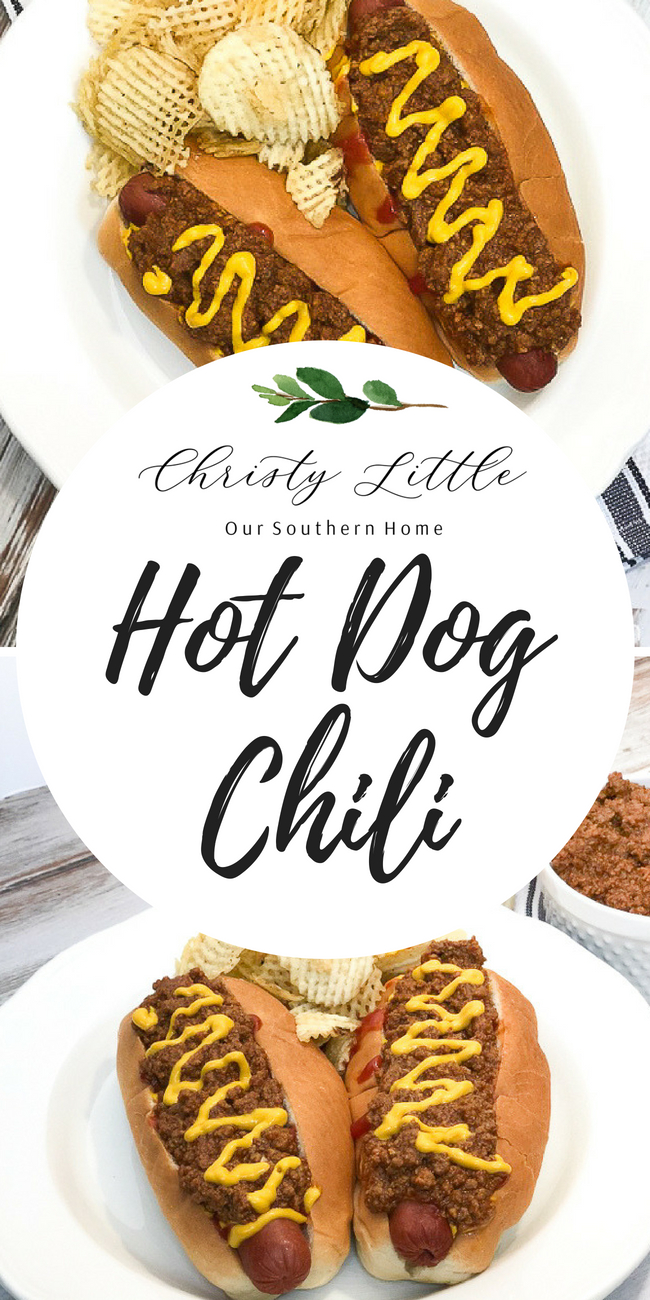 hot dogs with chili on white plate with chips and a text overlay