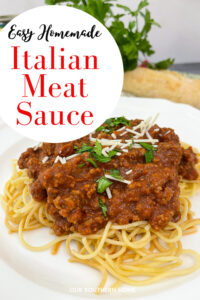 spaghetti with meat sauce and text overlay