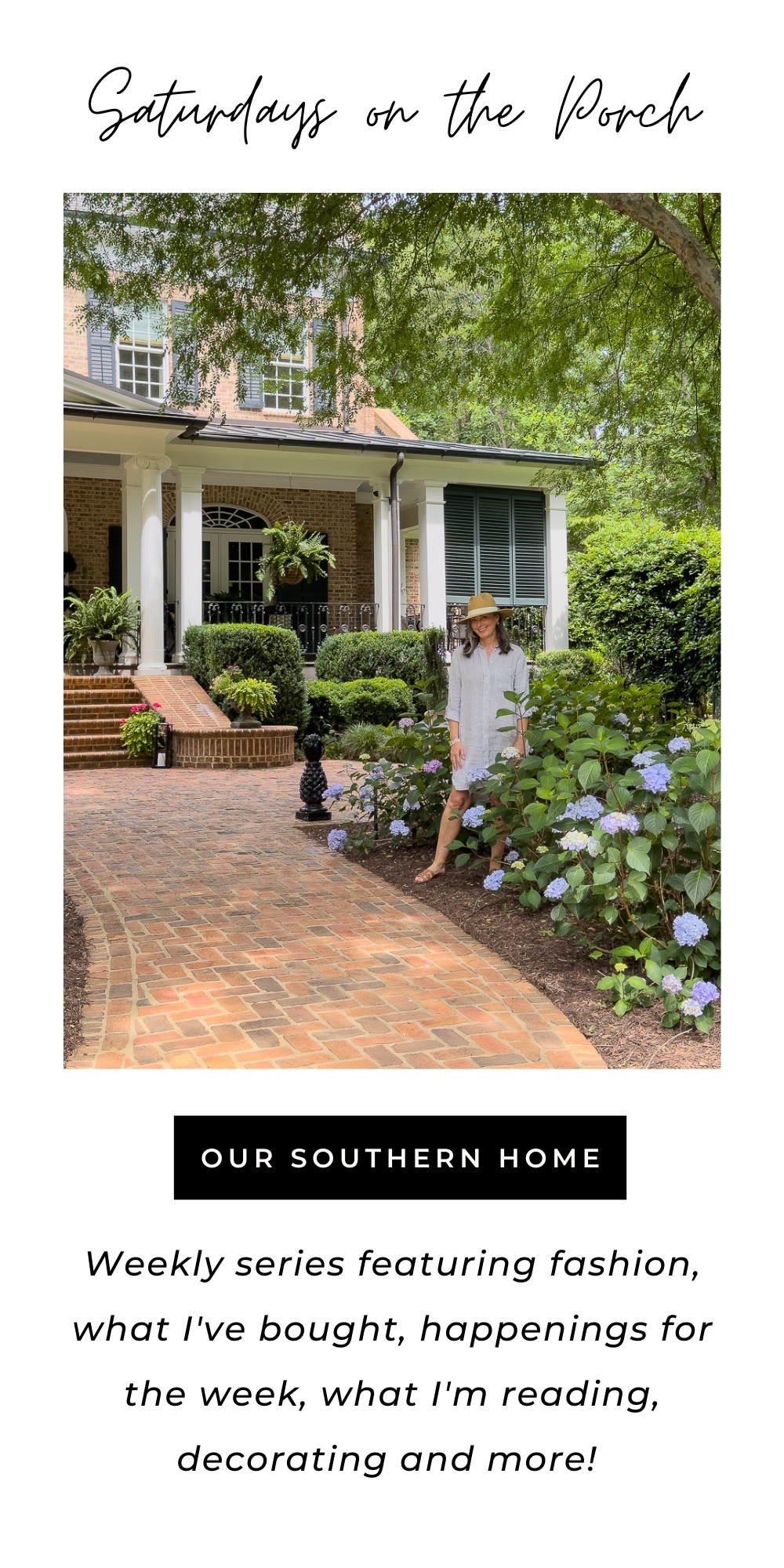 pin with text overlay of woman in front of house