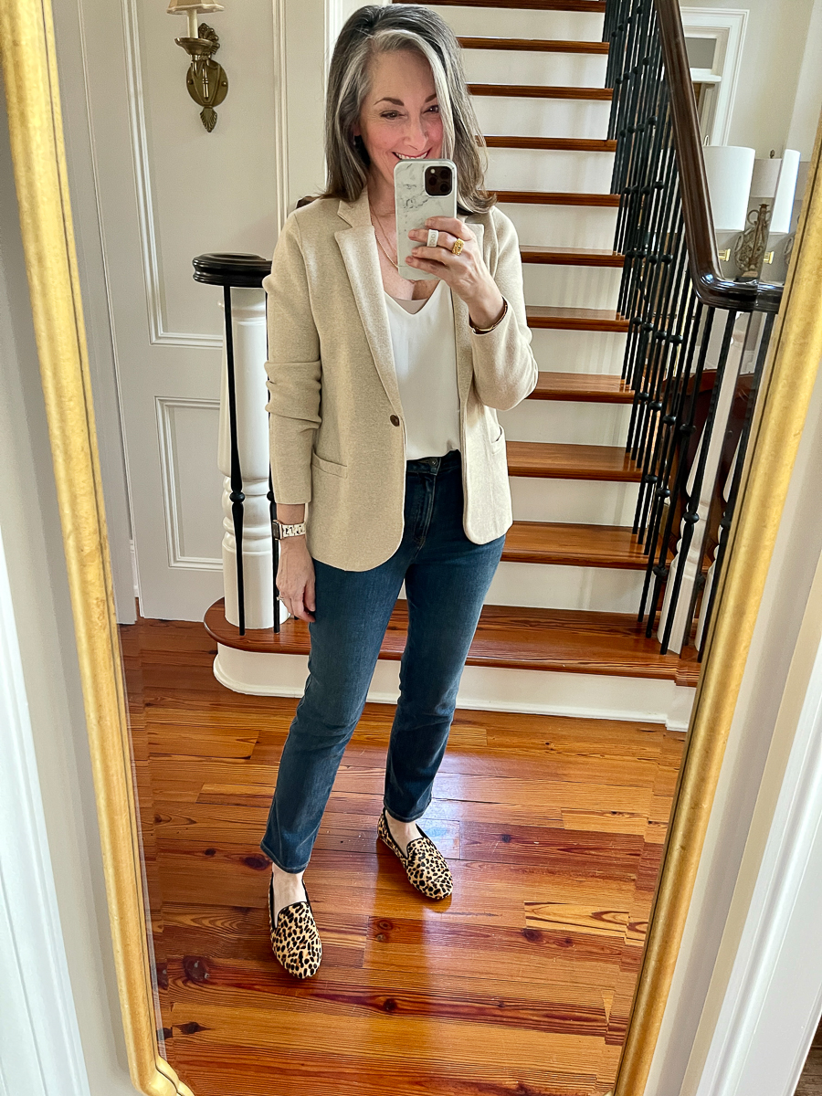 knit blazer mirror selfie