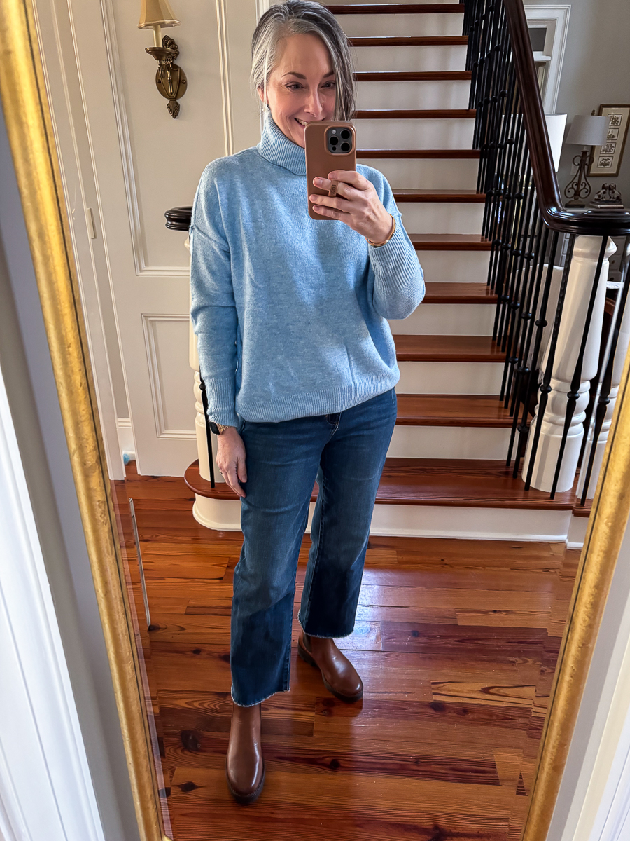 woman in light blue sweater