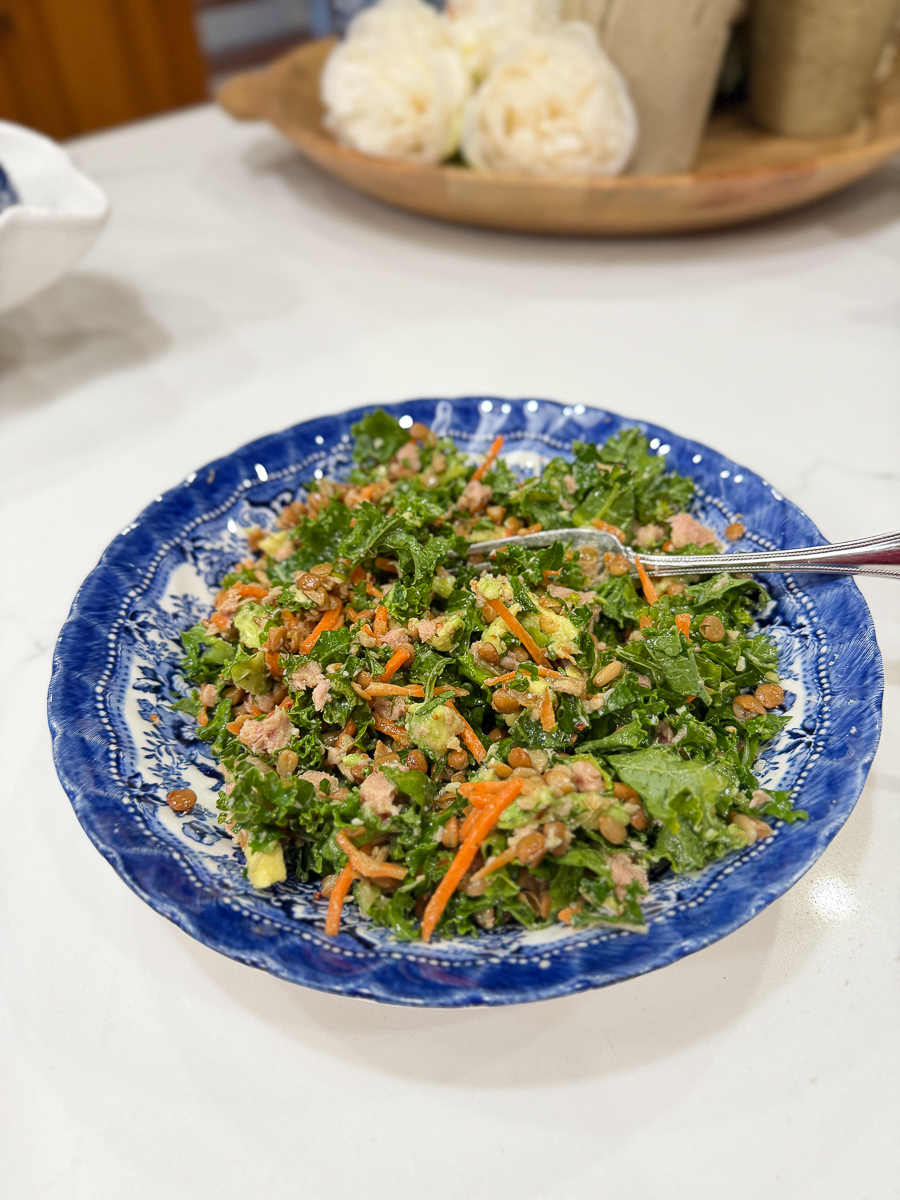 Homemade lunch salad served in a blue and white bowl