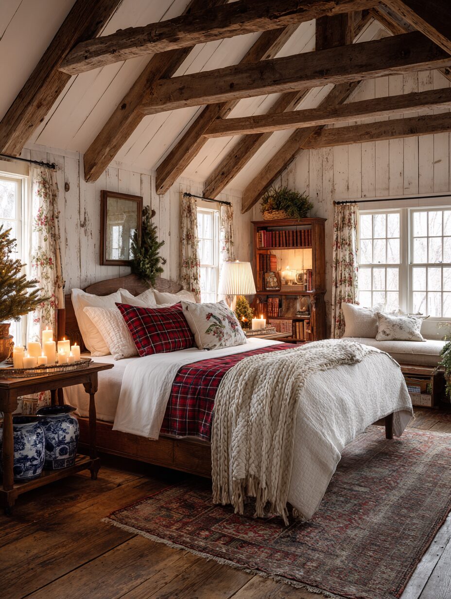 A cozy Christmas cottage bedroom with soft linens, knit throws, warm lighting, and subtle holiday greenery