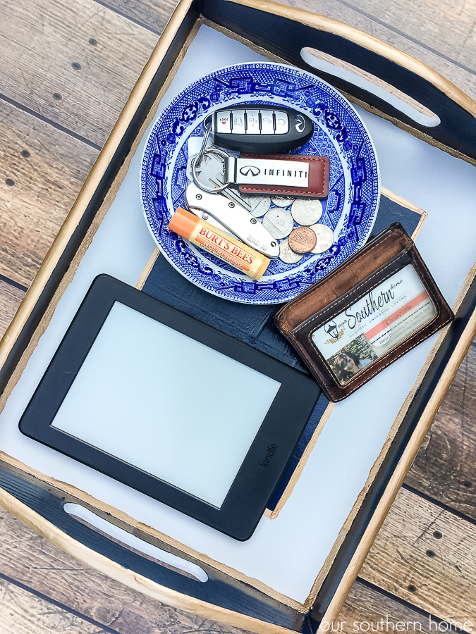 Thrift store tray makeover with a masculine look for a college apartment. #thriftstore #makeover #tray #apartmentdecor #college
