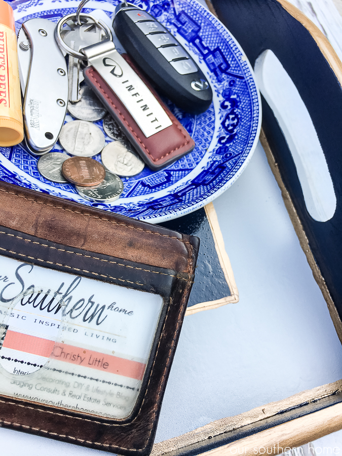 Thrift store tray makeover with a masculine look for a college apartment. #thriftstore #makeover #tray #apartmentdecor #college