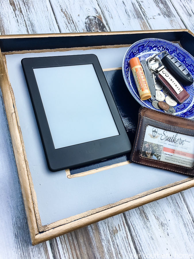 Thrift store tray makeover with a masculine look for a college apartment. #thriftstore #makeover #tray #apartmentdecor #college