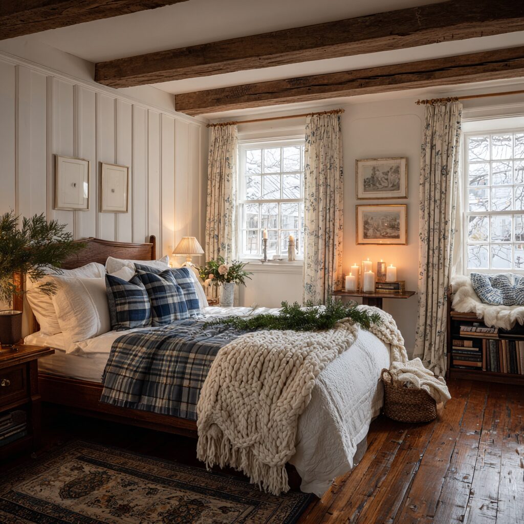 A cozy guest bedroom decorated for Christmas with cottage-style bedding, warm lighting, and festive holiday accents