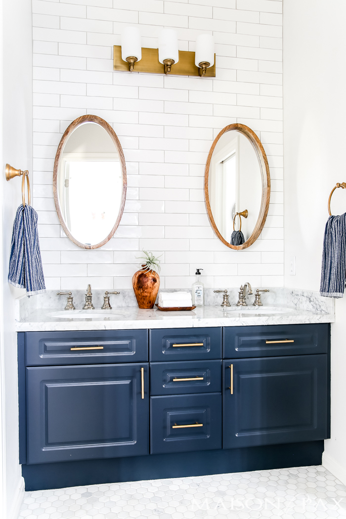 navyandbrassbathroomwithwhitesubwaytile15b Our Southern Home