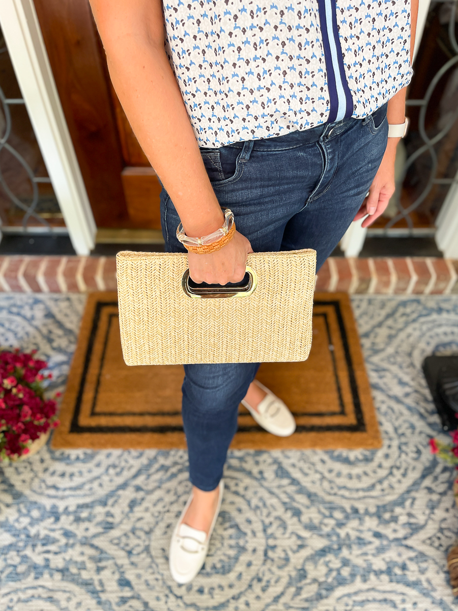 Straw clutch with gold handle