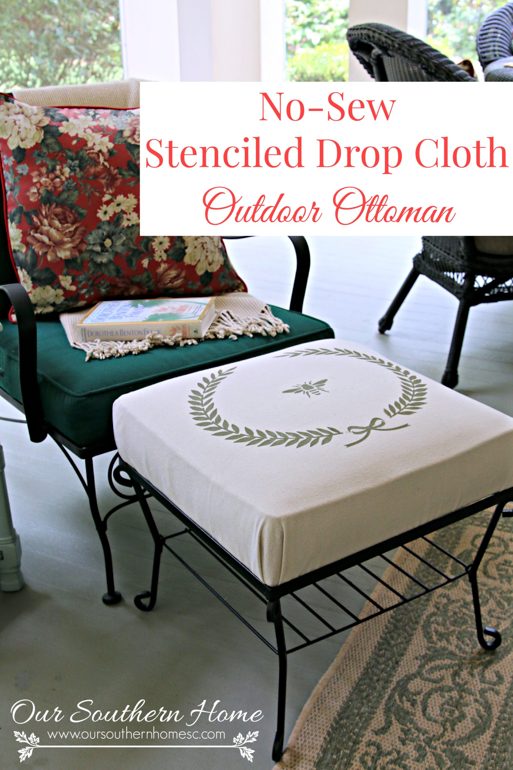 No Sew Stenciled Drop Cloth Ottoman