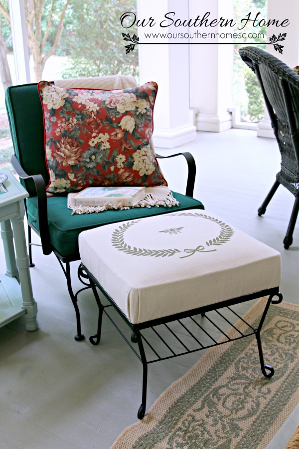 No sew stenciled drop cloth outdoor ottoman by Our Southern Home