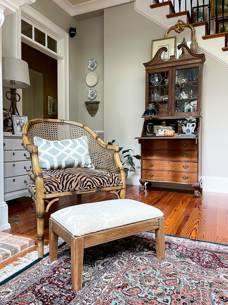 cane chair with animal print fabric