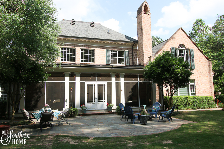 Ideas for southern outdoor living! Welcome to this large front porch and backyard terrace area.