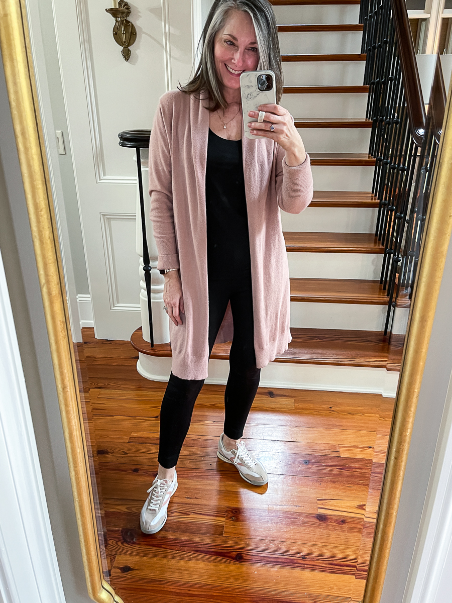 pink cardigan look