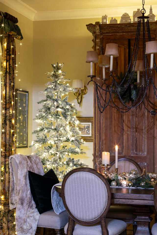Nighttime Christmas Dining Room with Simple Centerpiece