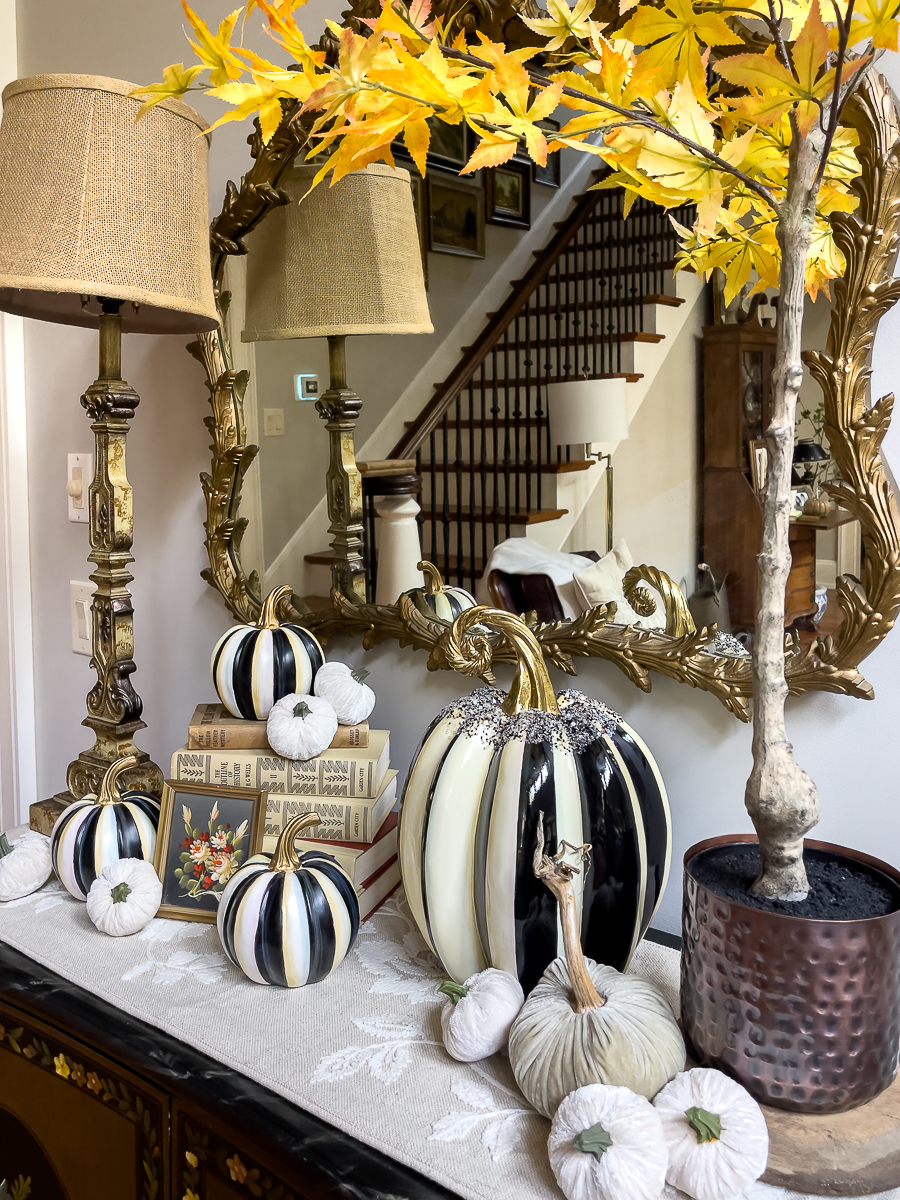 fall vignette with faux pumpkins