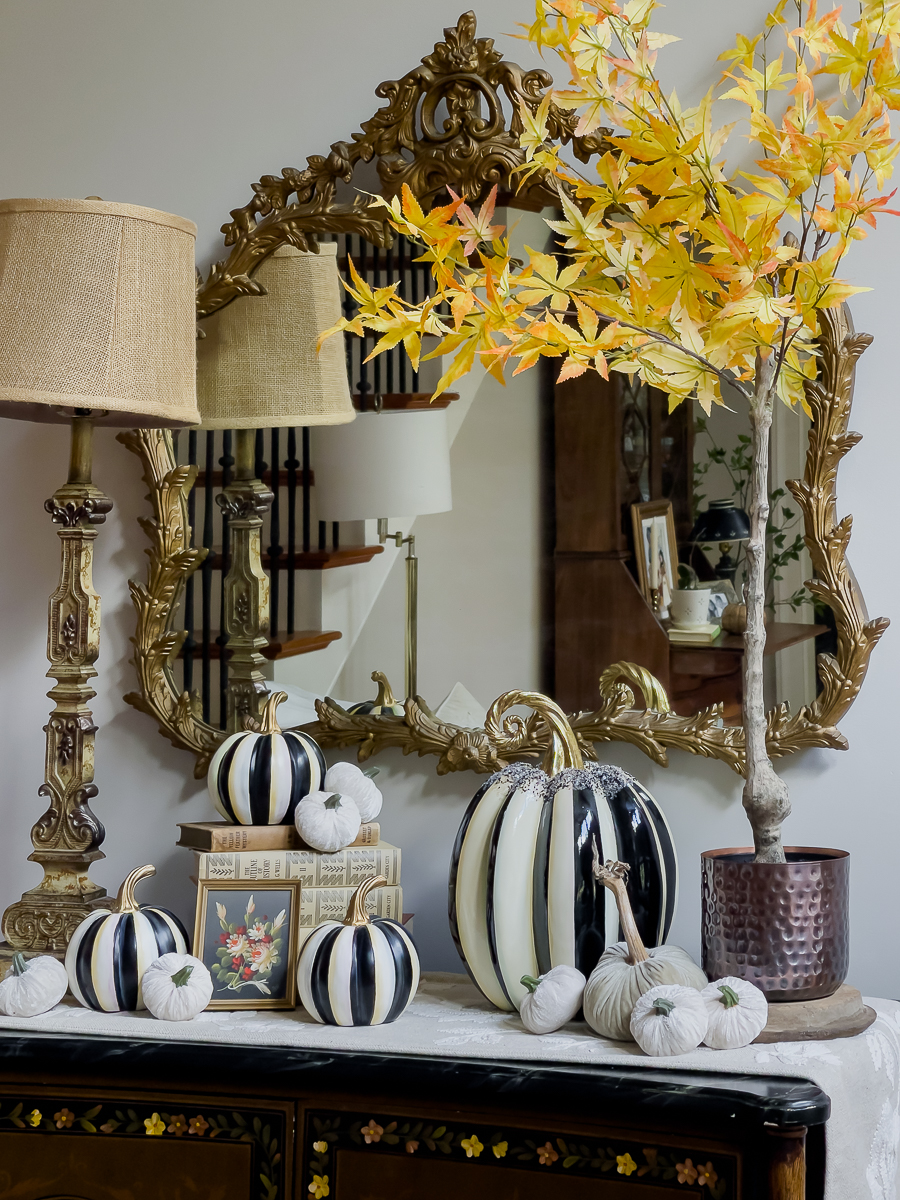 pumpkins and books for fall vignette