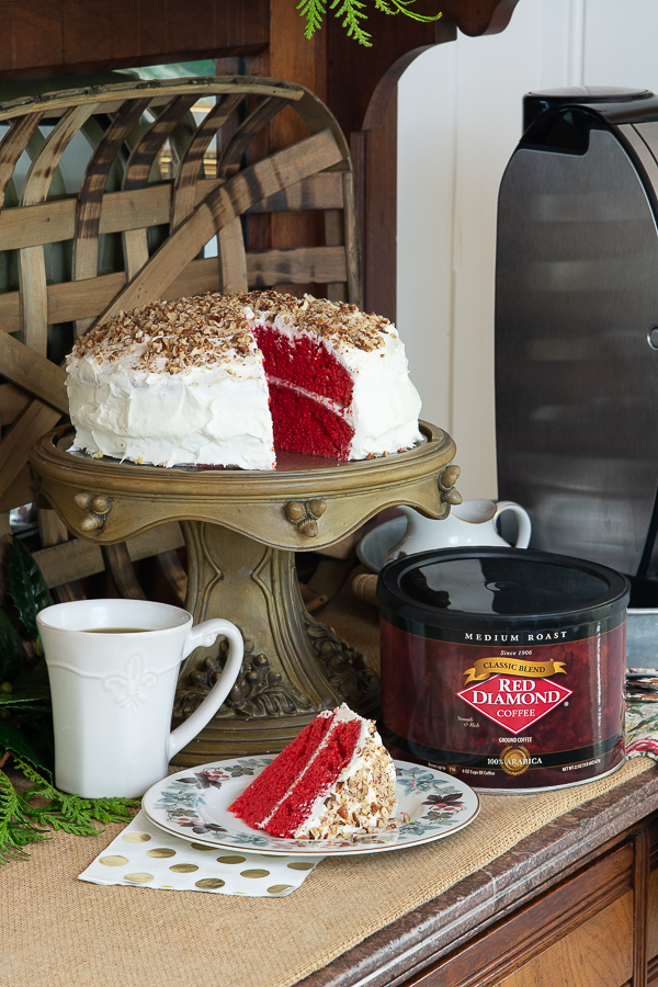 red velvet cake on a dessert bar for the holidays with coffee