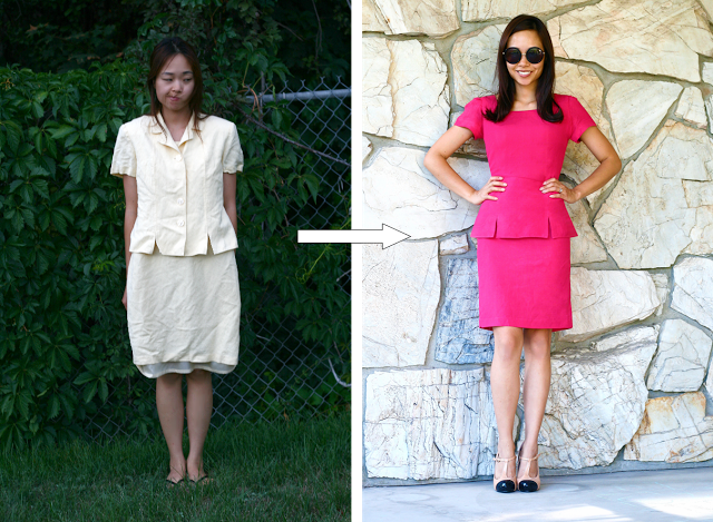 Outdated yellow dress to a red peplum dress