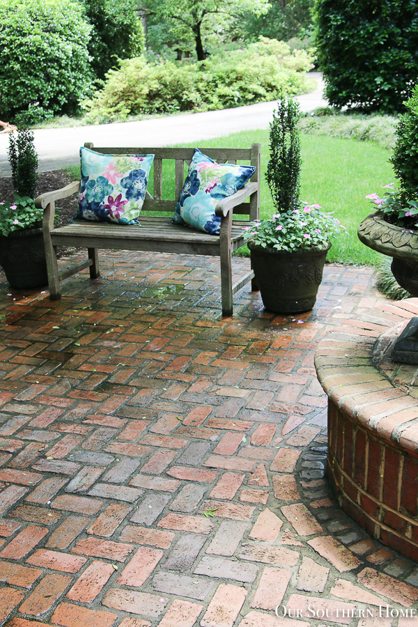 brick patio with planters