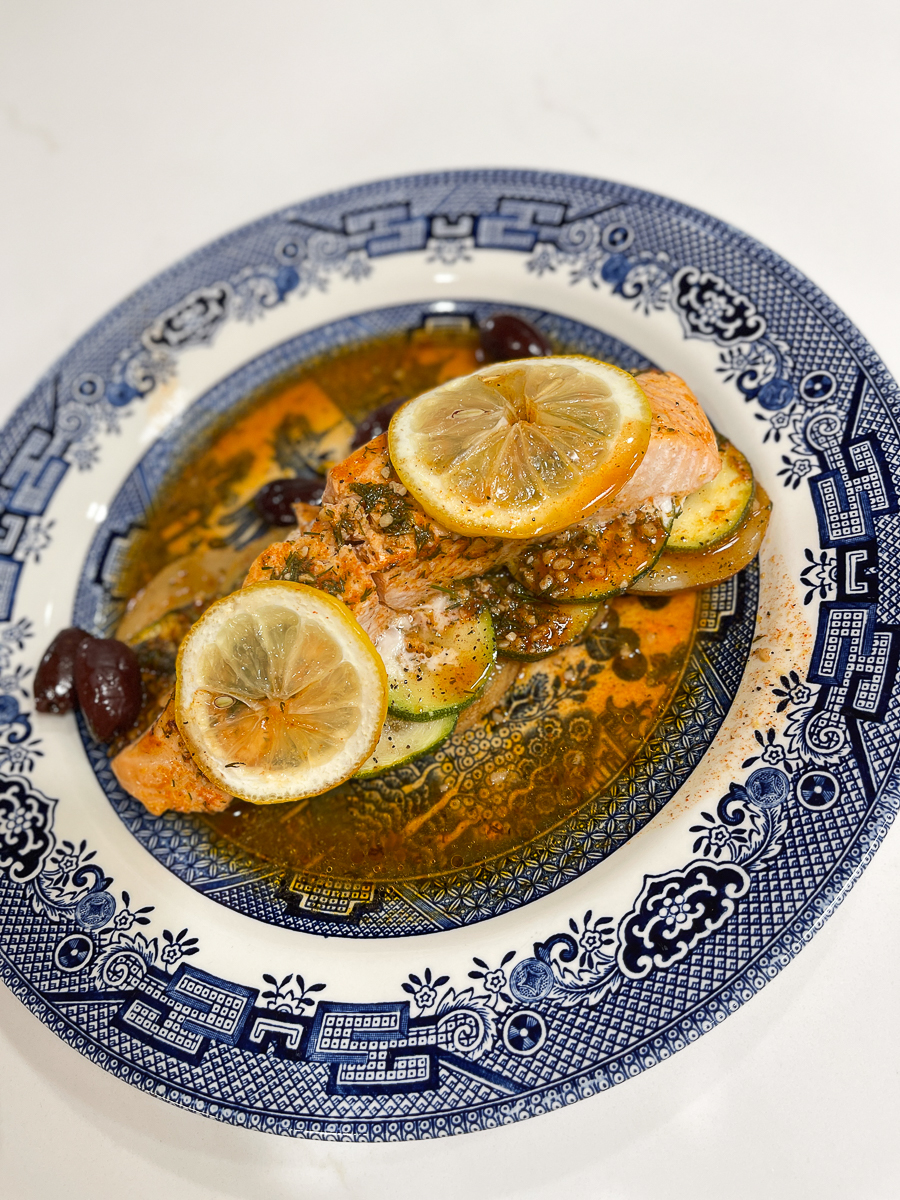 salmon and veggies on the plate