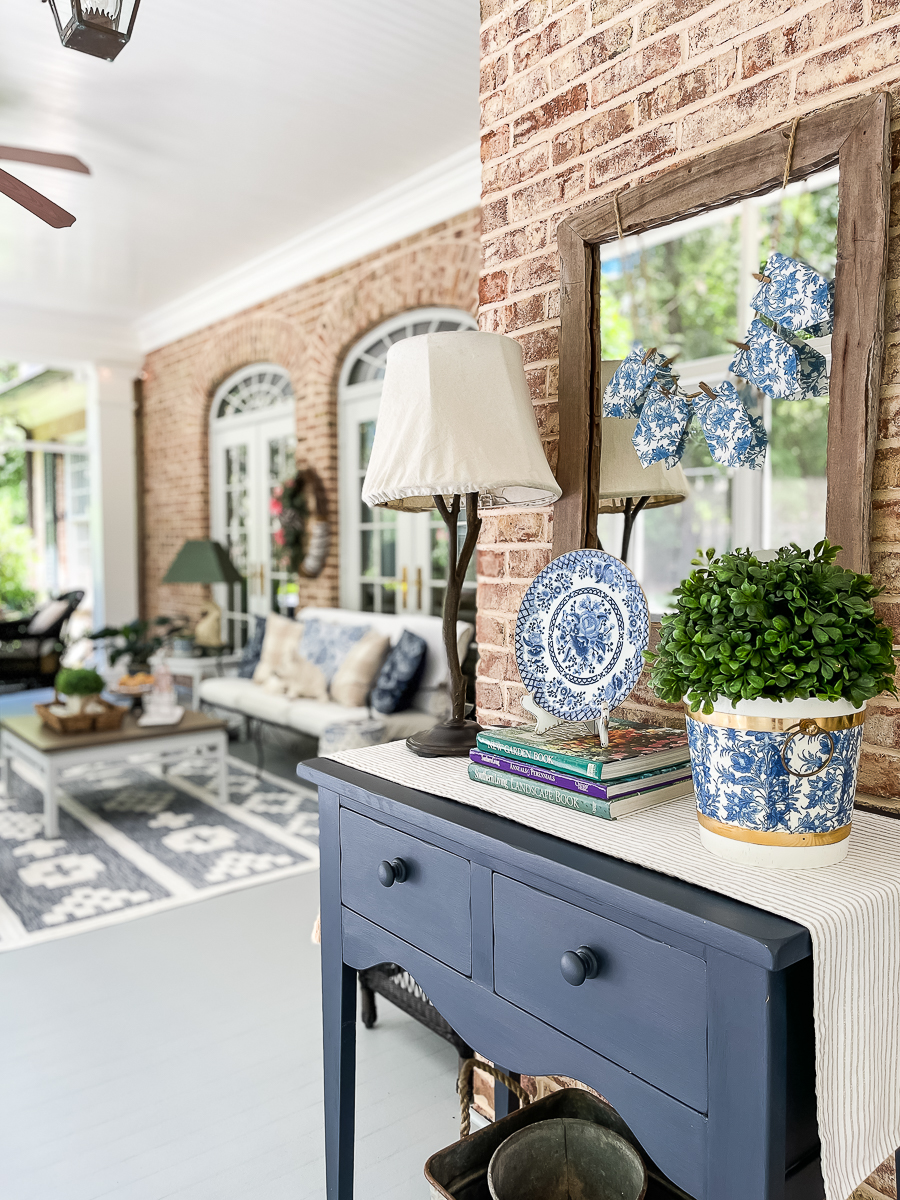 blue table on a porch