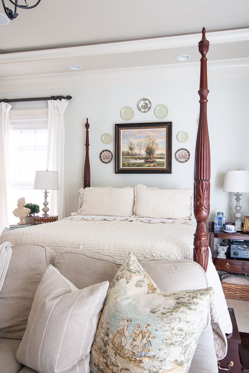 bedroom with toile fabrics