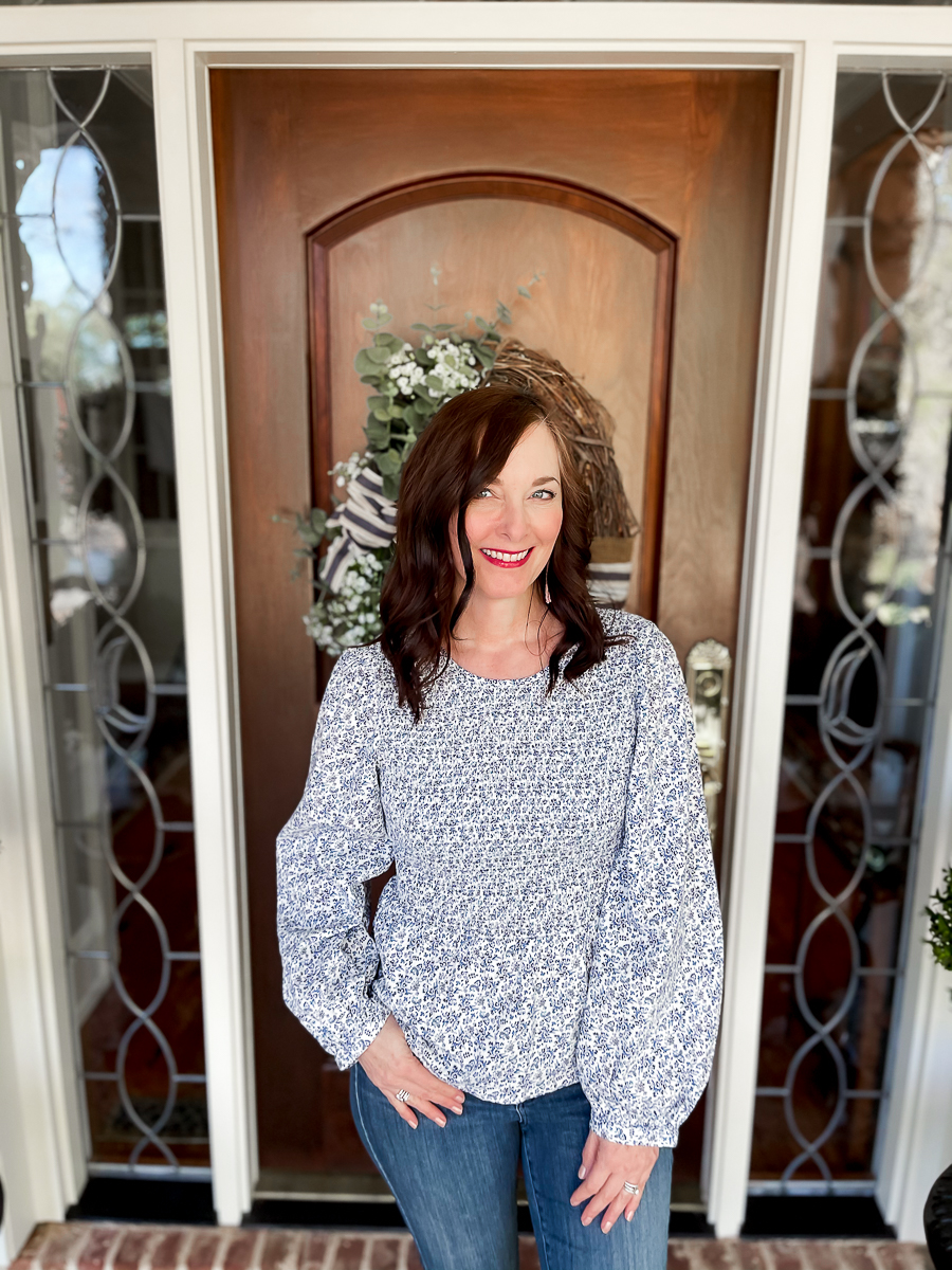 blue and white blouse