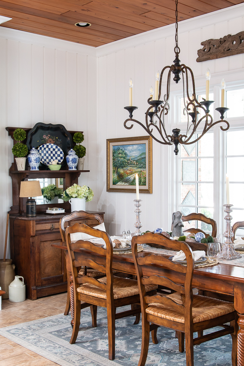 kitchen dining area with blue rug
