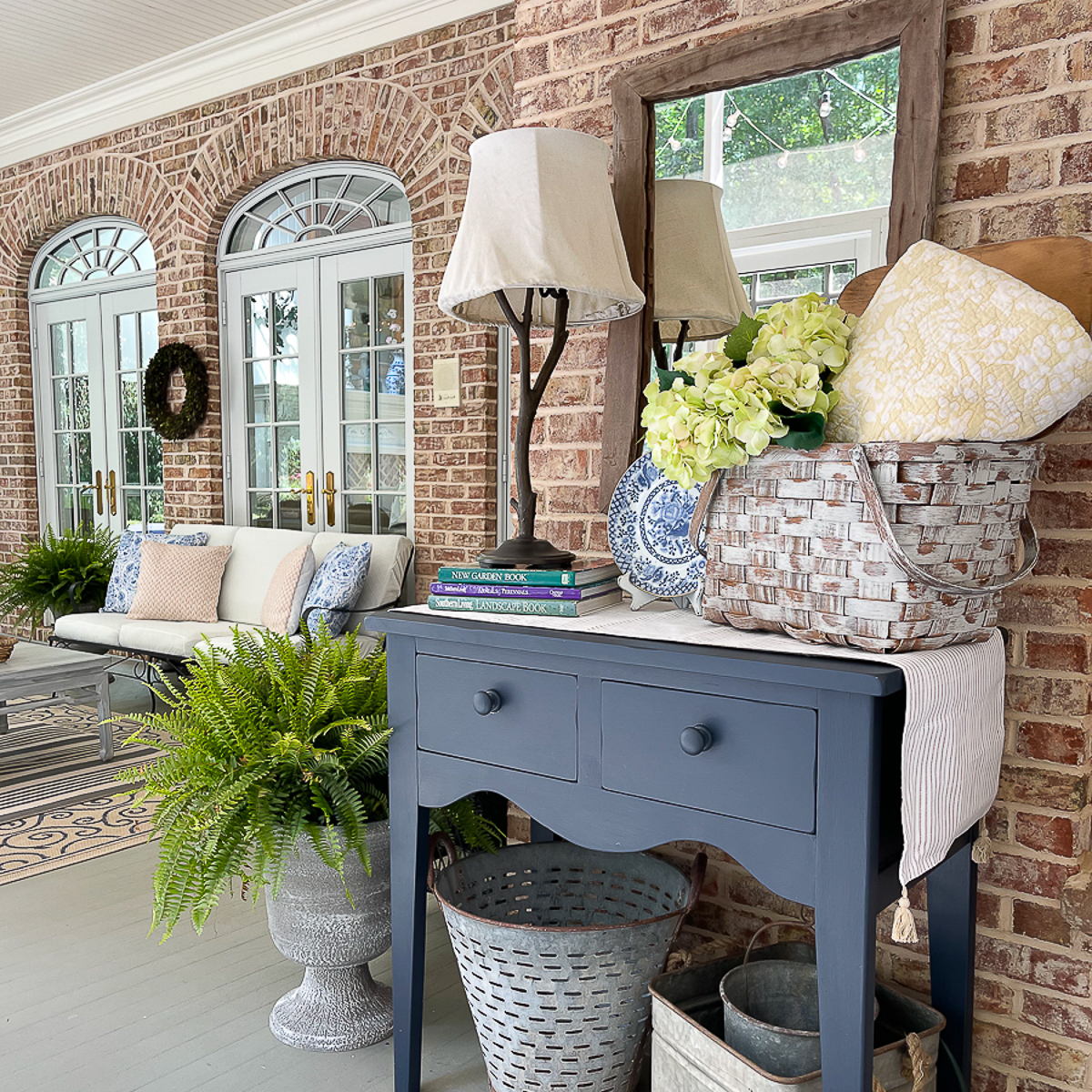 blue chest on screened porch