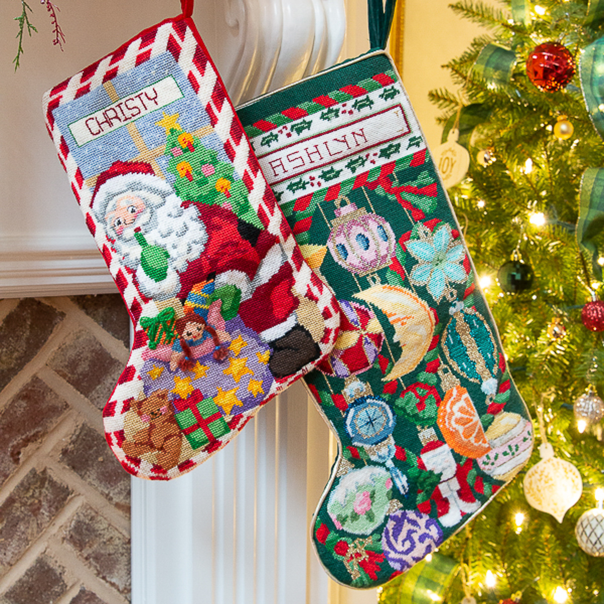 2 stocking hanging on mantel