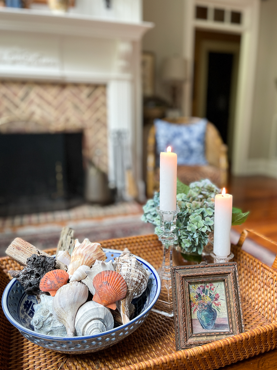 tray basket with candles and shells