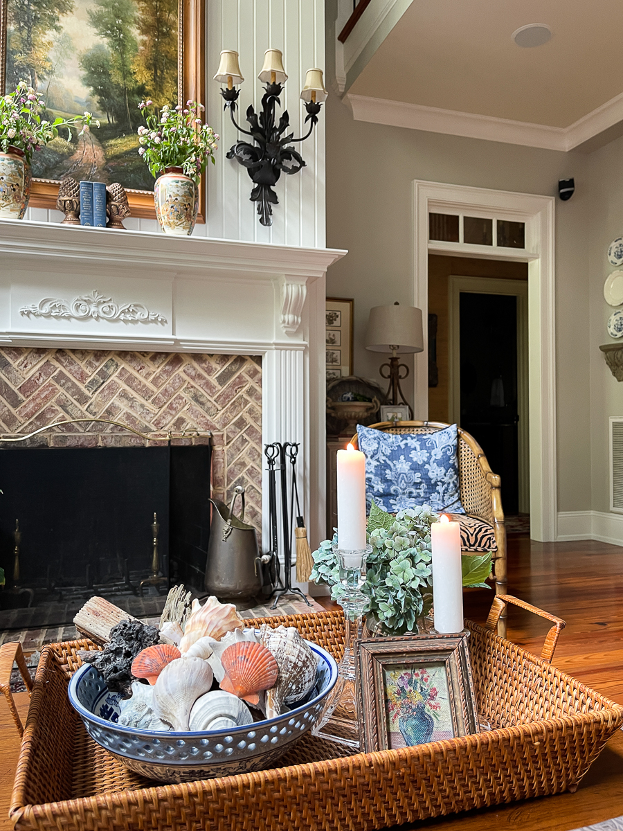 coffee table with basket and decor