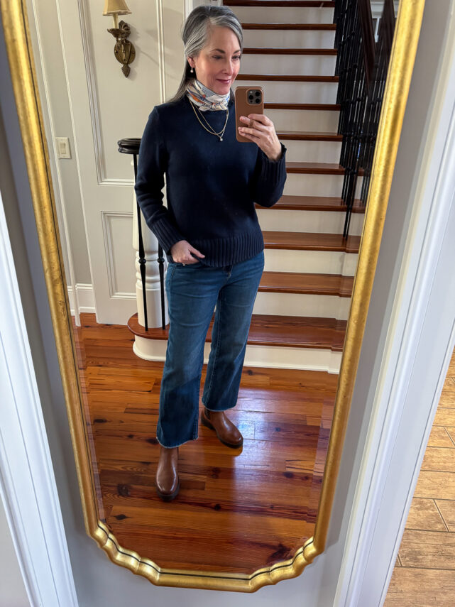 navy sweater on woman